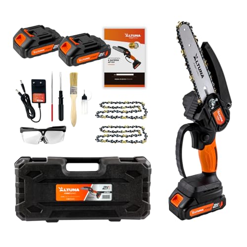 Altuna - Motosierra a Batería 21V con Cadena de Titanio - 800W Potencia - Capacidad de Corte 150mm - Incluye 2 Baterías de Litio - Ligera y Compacta...