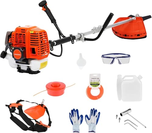 Desbrozadora y cortacésped a gasolina Aislerbee 52CC 2 tiempos, mango recto con sistema anti-vibración, arnés + accesorios para corte de...