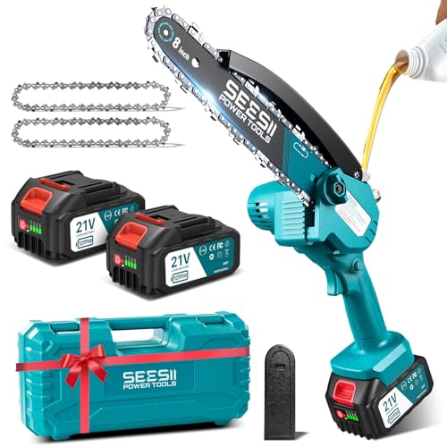SEESII 8 pulgadas Mini motosierra de batería 2x4000mAh, motosierra eléctrica inalámbrica con inyector lubricante y cadena de repuesto, mini motosierra eléctrica para jardín, CH820+