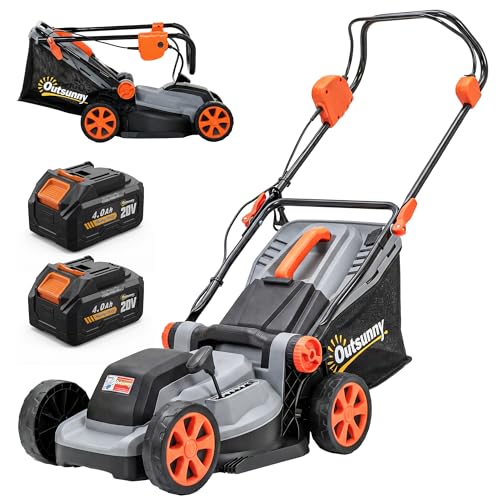 Outsunny Cortacésped a Batería Inalámbrico 18V, 2 Baterías de 4Ah, Ancho de Corte 34 cm hasta 400 m², Función Mulching, Motor sin...