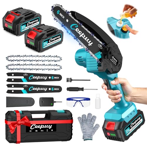 Mini Motosierra Batería 6 Pulgadas 2×4000mAh, Sierra Eléctrica Inalámbrica con Depósito de Aceite, Portátil para Podar Jardinería y...