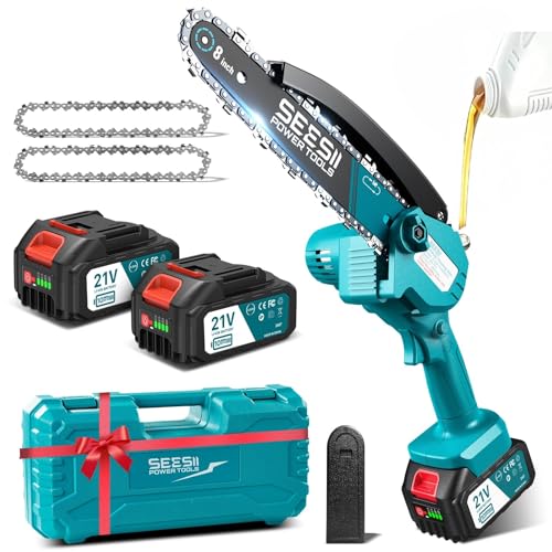 SEESII 8 pulgadas Mini motosierra de batería 2x4000mAh, motosierra eléctrica inalámbrica con inyector lubricante y cadena de repuesto, mini motosierra eléctrica para jardín, CH820+