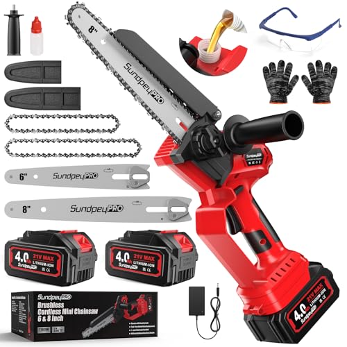 SundpeyPRO Mini Motosierra Bateria 2*4.0Ah, 8 y 6 Pulgadas Sin Escobillas Mini Sierra Electrica Bateria con Lubricador Automático, Ajuste Sin Herramientas, 1180W Motosierra Inalámbrica de Mano, jardín