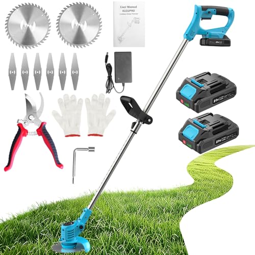 Desbrozadora Bateria 21V, KUZUPRO Desbrozadora Electrica con 2 Baterías 2.0Ah, 2 Tipos Cuchillas Cortabordes Bateria, Tijeras de Podar,...