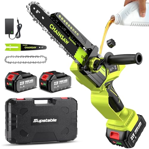 Mini Motosierra a Batería 8 y 6 Pulgadas, Sierra Electrica Podar Arboles con 4000 mAh, 2 Baterías, 1300W, Lubricación Automática de Cadena, Ajuste sin Herramientas, Compatible con Makita Batería 18V