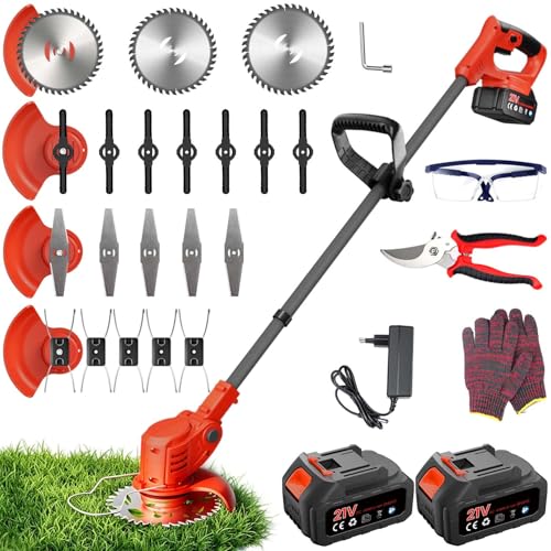 Desbrozadora a Bateria, Cortabordes Electrico 4 en 1, 850W 2 Baterías 4000 mAh, 4 Tipos de Cuchillas con Cabezal Giratorio de 90° para...