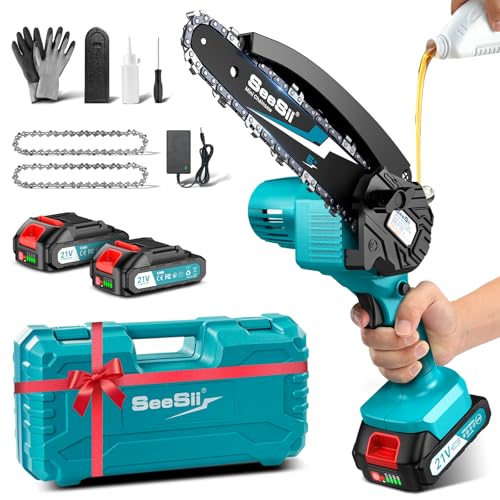 SEESII 6'' Mini Motosierra Bateria 2000mAh, 900W Sierra Eléctrica Bateria con Depósito Para El Aceite y Cadena Reemplazable, Motosierra Inalámbrica Portátil para Podar Árboles de Jardinería