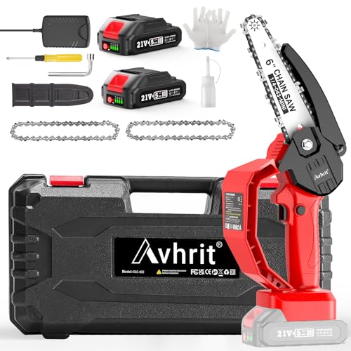 Mini Motosierra Bateria, Avhrit Motosierra Eléctrica Portátil de 6 Pulgadas, 2 Baterías, 2 Cadenas, Motosierra de Mano para Ramas, Patio, Hogar y Jardín
